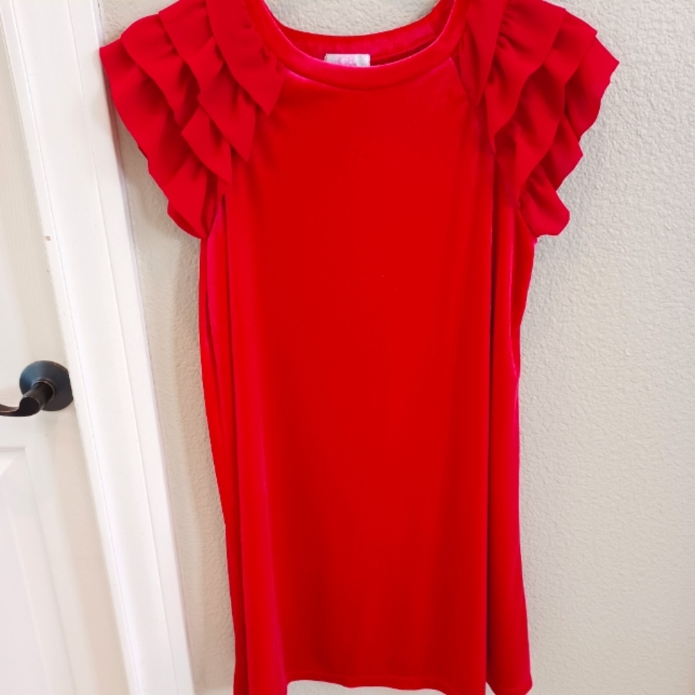 Red velvet girls dress flutter sleeves